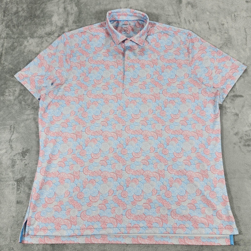 Johnnie-O Polo Shirt Mens 2XL Red Blue Citrus Print Performance Stretch UPF 50‎